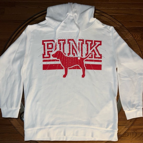 PINK Victoria's Secret Tops - VS PINK~ White Sweatshirt w/ Red Dog Bling Design